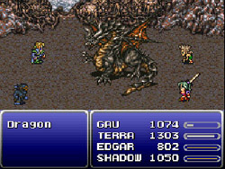Final Fantasy 6: Edgard, Terra, Gau et Shadow contre un dragon
